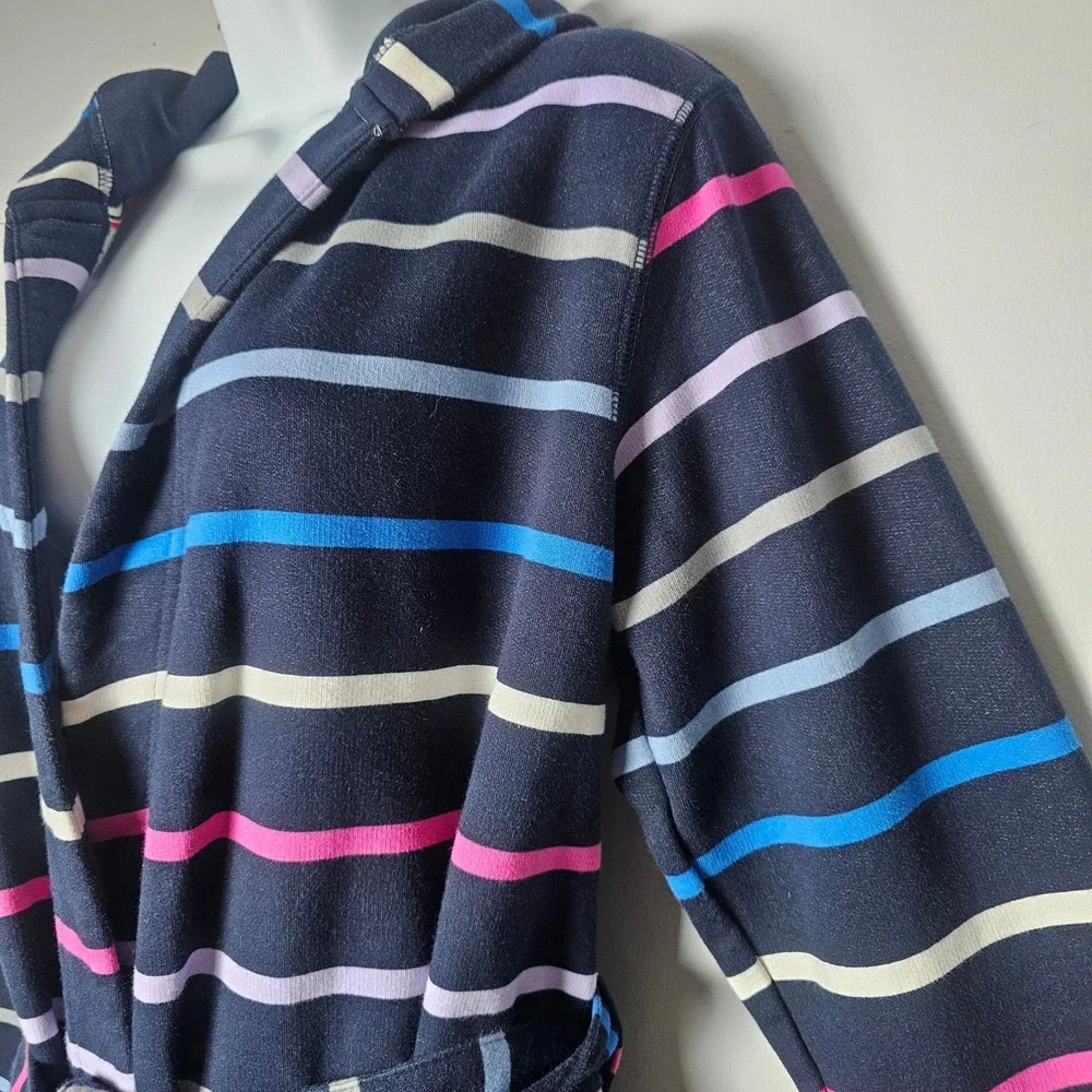Lands End Serious Sweats Hooded Robe Womens L 14/16 Navy Striped Bathrobe Fleece